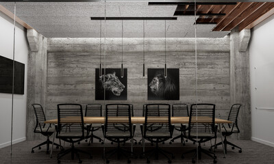 Concrete office meeting room with acoustic wood wool ceiling half mounted - obrazy, fototapety, plakaty