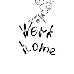 Work Home calligraphy title. Black on White. House roof with window. 