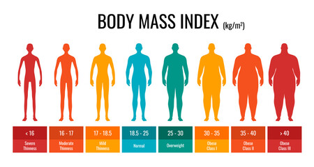 BMI classification chart measurement man set. Male Body Mass Index infographic with weight status from underweight to severely obese. Medical body mass control graph. Vector eps illustration - obrazy, fototapety, plakaty