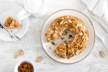 French almond cake with nuts. Top view, overhead