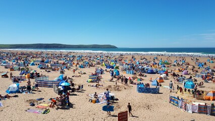 Woolacombe Beach full of people in the summer, North Devon