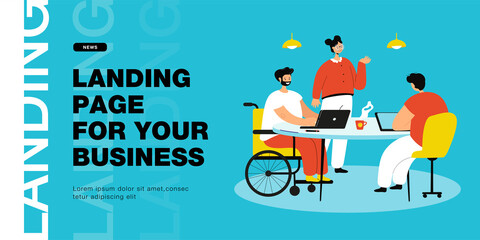 Person in wheelchair talking to colleagues at workplace. Group of office workers sitting at table, man with disability flat vector illustration. Accessibility, inclusion concept for banner