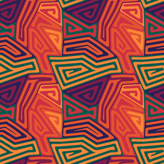 Aboriginal design. Tribal motif. Seamless pattern. Folk wallpaper. Indigenous ornament. Linear backdrop. Embroidery background. Ethnic mosaic. Textile print. Vector artwork.