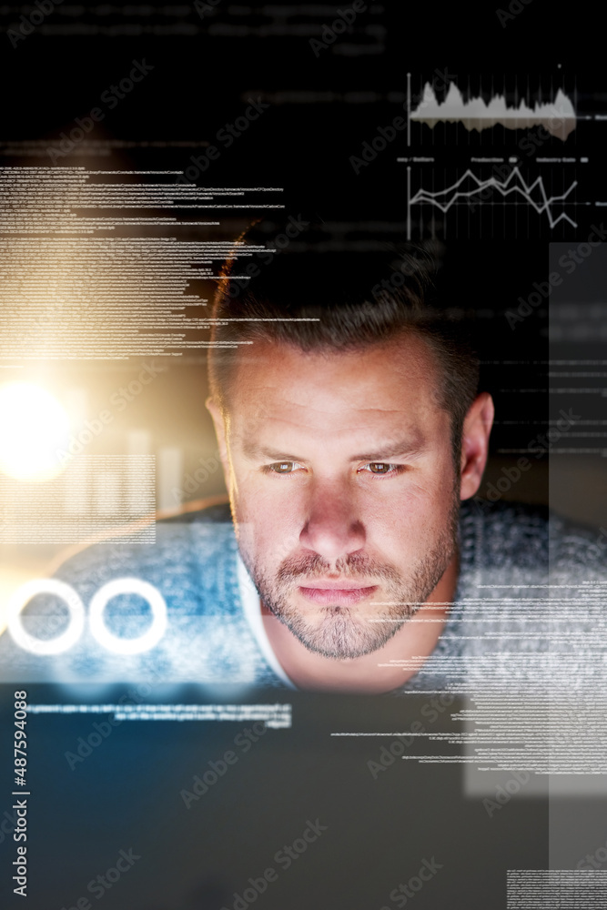 Poster Scrutinizing the code. Shot of a focussed computer programmer working at his computer late at night.