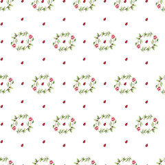 Watercolor seamless pattern with beetles, ladybugs and plants