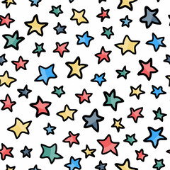 Colorful bright confetti seamless pattern. Doodle style outline stars on transparent background seamless pattern texture background. Birthday party decoration, happy fun confetti firework vector.