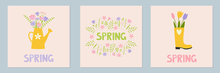 Set of spring mood posters template. Welcome spring season greeting card. Minimalist postcards with cute cartoon elements and lettering. Doodle flat style.