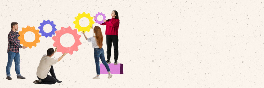 Creative design. Employees, office workers connecting puzzle gears symbolizing successful and well-coordinated work