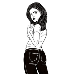 black and white drawing of a girl in jeans and a T-shirt