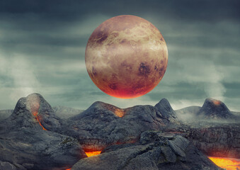 Surrealistic art concept design. Planet venus hovers over volcanic stone landscape. Abstract realistic 3d illustration. © cgterminal
