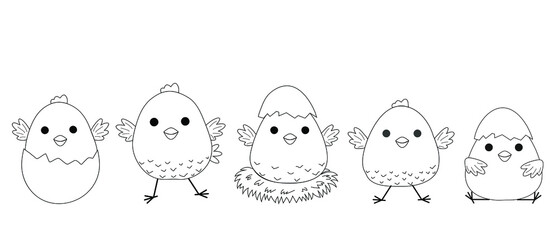 Set of hand drawn Easter chickens. Doodle chicken on a white background. Elements for Easter design and print. Vector illustration