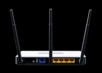 internet router 3d model isolated on black background  - obrazy, fototapety, plakaty