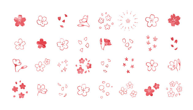 シンプルでかわいい手描きの桜　春の装飾イラストセット　和風　花びら