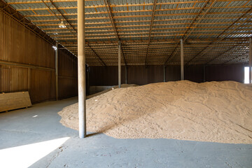 Piles of wheat grains at mill storage or grain elevator. The main commodity group in the food markets.