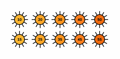 Levels of SPF sunscreen protection icon set. Linear sun icons with different levels of spf sunblock screen factors for summer skincare cosmetic product packaging. Flat style line vector illustration.