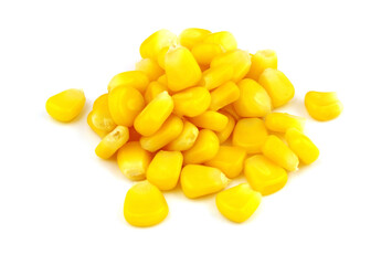 Heap of yellow corn seeds isolated on white background