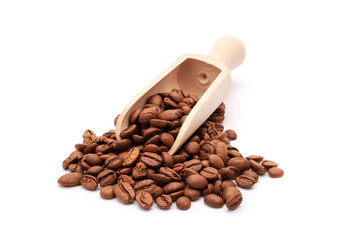Roasted coffee beans in wooden scoop isolated on white background