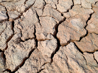 The muddy ground that previously contained water has cracked due to hot weather and drought. All the water content has been evaporated by heat