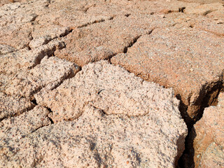 The muddy ground that previously contained water has cracked due to hot weather and drought. All the water content has been evaporated by heat