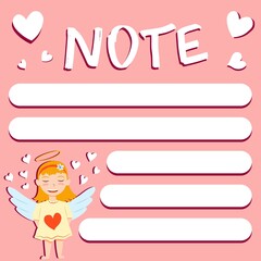 Copy space for memo, weekly or daily planner, note paper, to do list, sticker template decorated with baby cupid angel. Cute and funny. Inspirational quote. Love and hearts. Valentines Day greeting