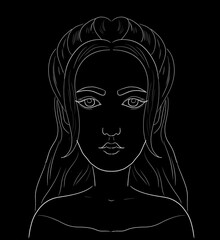 simple linear portrait of a girl on a black background