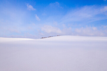 Beautiful empty winter landscape. White plains, fields and meadows on a frosty sunny day. Calm polar background for design and tourist advertising