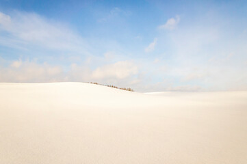 Beautiful empty winter landscape. White plains, fields and meadows on a frosty sunny day. Calm polar background for design and tourist advertising