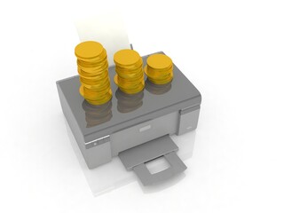 3d illustration Generic inkjet printer CMYK cartridges with gold coins

