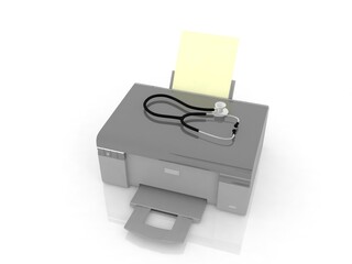 3d illustration Generic inkjet printer CMYK cartridges connected stethoscope
