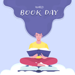 A girl with a book in her hands is sitting on a cloud. World Book Day.