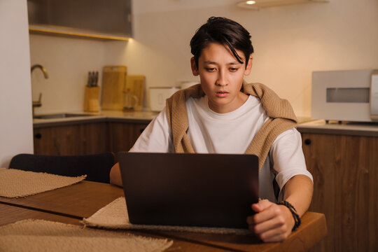 Asian Boy Working With Laptop While Sitting In Kitchen