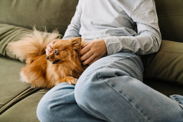 Asian girl petting her ginger dog while resting on sofa