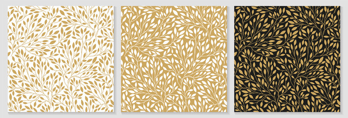 Luxury floral pattern with gold leaves on a white background. Vector illustration with plant elements in line art style for covers, advertisements, wedding invitations, cards, wallpapers - obrazy, fototapety, plakaty