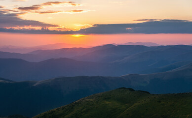 Beautiful sky and layers of the mountain after sunset.