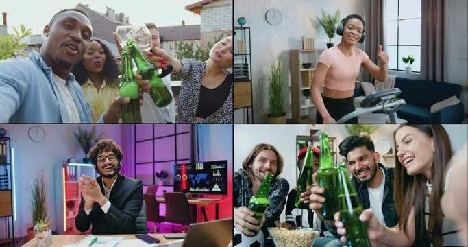 Multi screen of satisfied smiling carefree young diverse people of different activities which posing on camera indoors and outdoors,slow motion