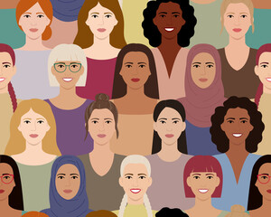 Seamless pattern of women with different hairstyles, skin colors, races, ages. Diverse faces of smiling women. Female empowerment. Girl power. Flat vector illustration in bright colors.
