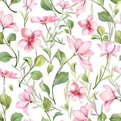Square seamless pattern with soft watercolor flowers and green leaves. Hand painted wallpapers. Botanical illustration