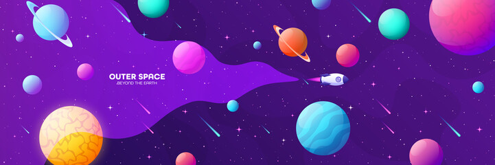 Obraz na płótnie Canvas Space futuristic modern colorful background with rocket. Starship, spaceship in night sky. Solar system, galaxy and universe exploration. Vector illustration.