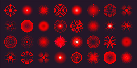 Thermal, night vision scope. Crosshair, gun sight vector icons. Bullseye, target or aim symbol. Military rifle scope, shooting mark sign. Targeting, aiming for a shot. Red radar waves, circles © 32 pixels