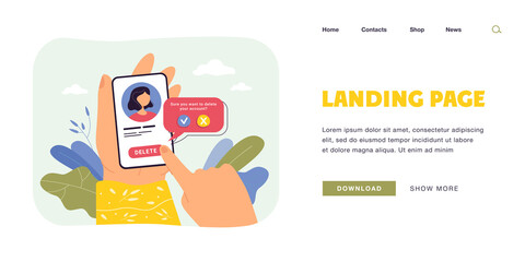 Hands of female social network user deleting account. Woman pressing delete button on phone, removing online information flat vector illustration. Addiction, modern technology concept for banner