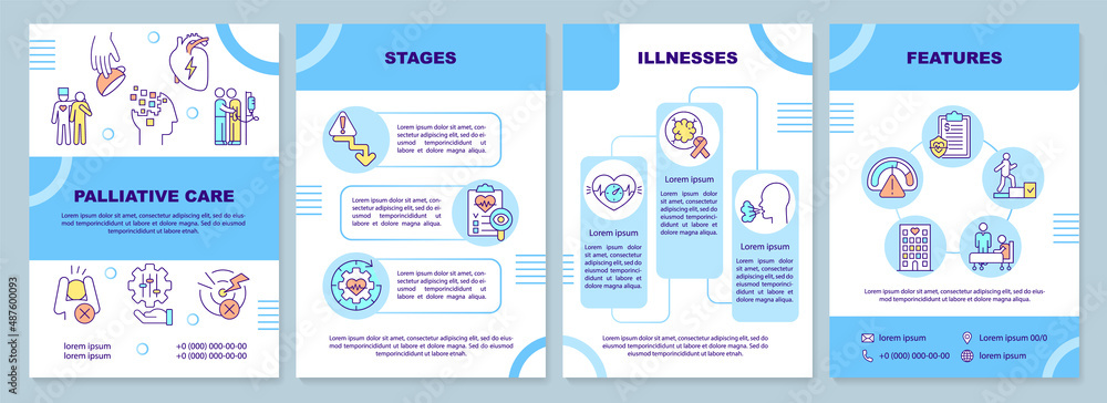 Wall mural Palliative care for patients blue brochure template. Hospice service. Leaflet design with linear icons. 4 vector layouts for presentation, annual reports. Arial-Black, Myriad Pro-Regular fonts used - Wall murals