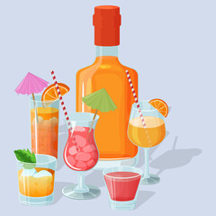 A bottle of alcohol and various cocktails.Alcoholic beverages in glasses and glasses.Daiquiri, martini, margarita, cosmopolitan, Long Island, blue lagoon and Pina colada.Vector illustration.