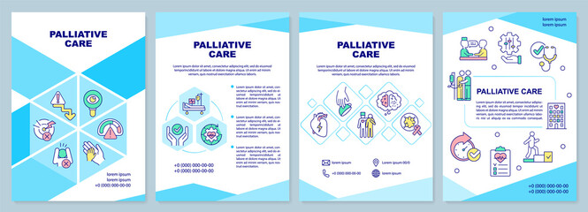Naklejka premium Palliative care blue brochure template. Healthcare service. Leaflet design with linear icons. 4 vector layouts for presentation, annual reports. Arial-Black, Myriad Pro-Regular fonts used