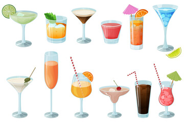 Cocktail set.Alcoholic beverages in glasses and glasses.Daiquiri, martini, margarita, cosmopolitan, Long Island, blue lagoon and Pina colada.Vector illustration.