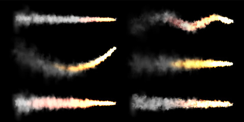 Realistic space rocket launch trails on black background. Fire burst, explosion. Missile or bullet trail. Jet aircraft tracks. Smoke clouds, fog. Steam flow. Vector illustration.