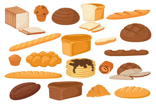 Bakery products.Confectionery products.Croissant and French baguette, loaf of bread and pancake.Sandwich bread and rye loaves.A set of vector illustrations made of flour.Bread shop assortment .