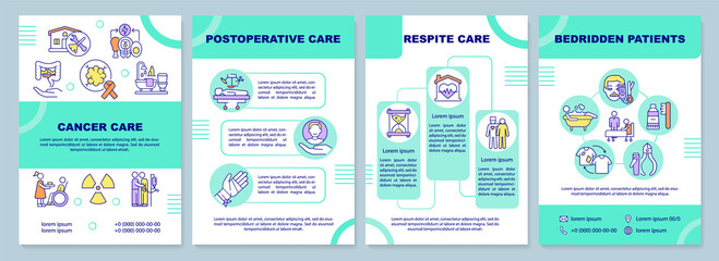 Fototapeta na wymiar Hospice services mint green brochure template. Patient assistance. Leaflet design with linear icons. 4 vector layouts for presentation, annual reports. Arial-Black, Myriad Pro-Regular fonts used