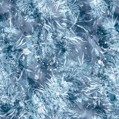 Seamless vintage pattern, blue flowers,Plant in watercolor. Mimosa, acacia and other plants on a branch. Blossoming acacia or caragana tree. Fashionable background. Abstract splash of paint. 