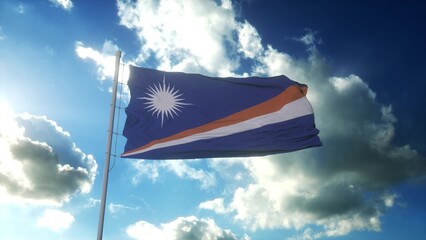 Flag of Marshall Islands waving at wind against beautiful blue sky. 3d rendering