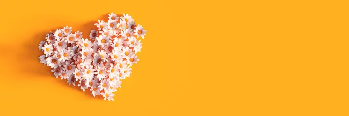 Gordijnen White heart made of chamomile flower on vivid orange spring background 3D Rendering, 3D Illustration © hd3dsh